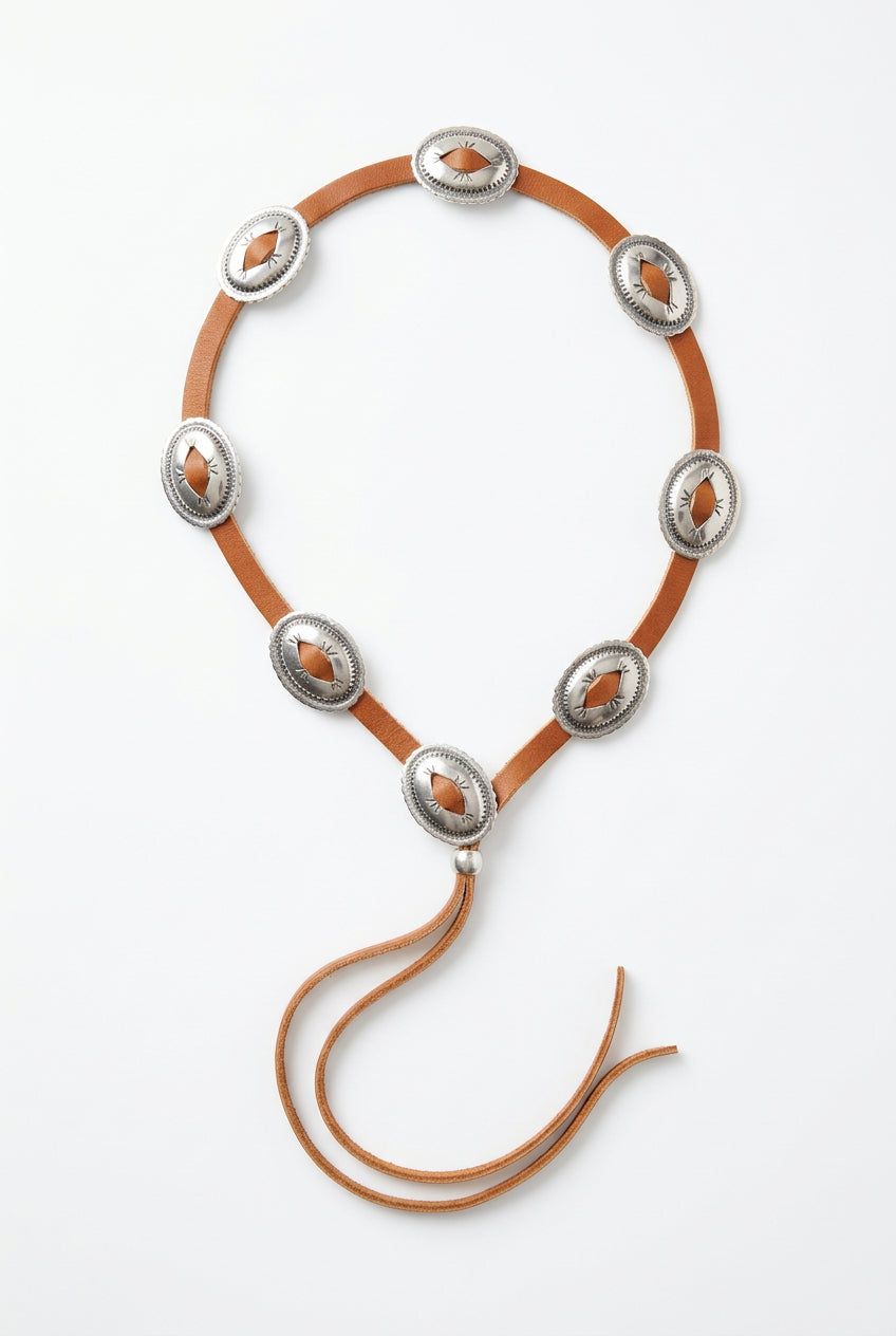 Trestles Clothing Company brown suede hat band featuring oval silver conchos with a Western boho design